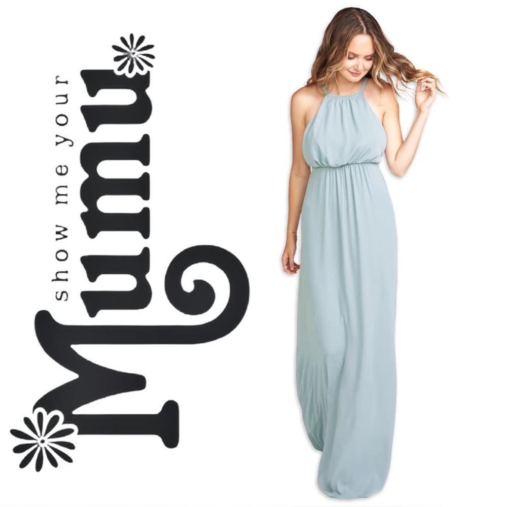 Show Me Your Mumu Heather Halter Maxi Dress Blue Green Leg Slit Ties at Neck